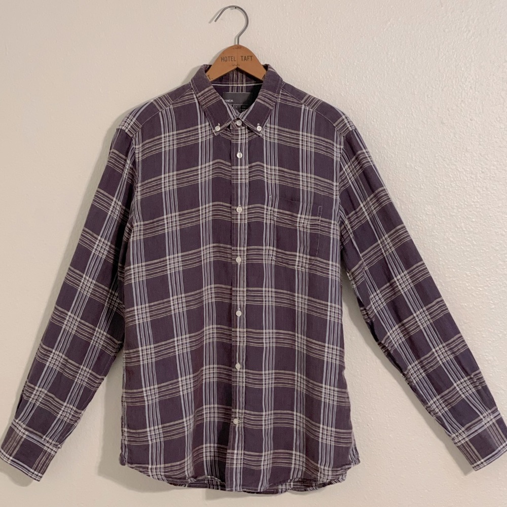 Vince - Long Sleeve Button Up - Tartan Plaid - 100% Linen - Size Large